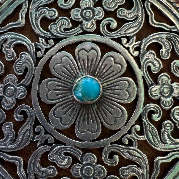 Vintage Sterling Silver Lotus Mandala Pendant Turquoise Boho Statement Festival - Picture 2 of 11